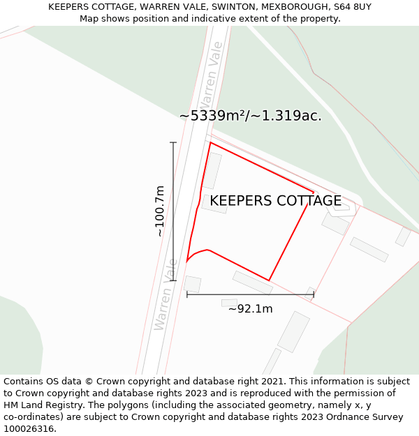 KEEPERS COTTAGE, WARREN VALE, SWINTON, MEXBOROUGH, S64 8UY: Plot and title map