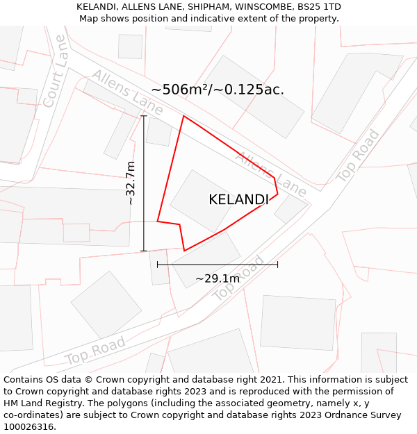 KELANDI, ALLENS LANE, SHIPHAM, WINSCOMBE, BS25 1TD: Plot and title map