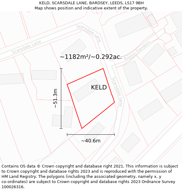 KELD, SCARSDALE LANE, BARDSEY, LEEDS, LS17 9BH: Plot and title map