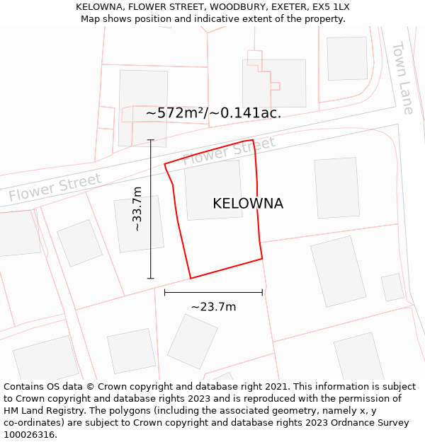 KELOWNA, FLOWER STREET, WOODBURY, EXETER, EX5 1LX: Plot and title map