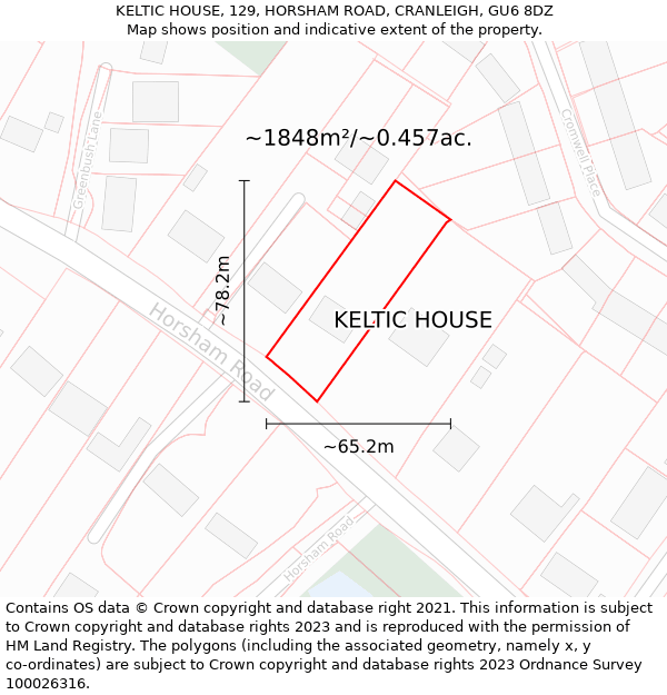 KELTIC HOUSE, 129, HORSHAM ROAD, CRANLEIGH, GU6 8DZ: Plot and title map