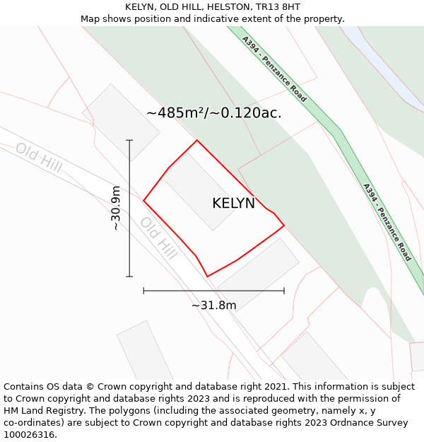 KELYN, OLD HILL, HELSTON, TR13 8HT: Plot and title map