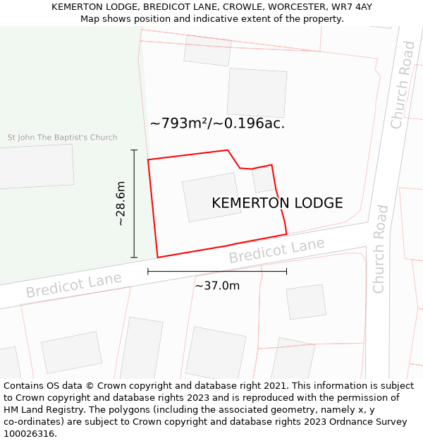 KEMERTON LODGE, BREDICOT LANE, CROWLE, WORCESTER, WR7 4AY: Plot and title map