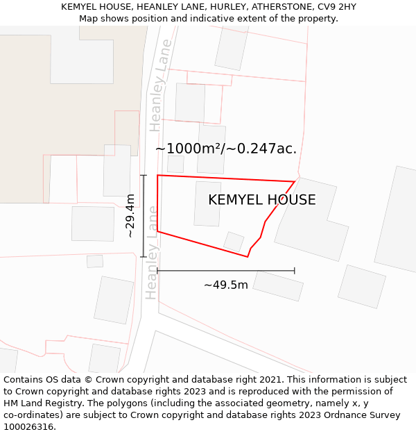 KEMYEL HOUSE, HEANLEY LANE, HURLEY, ATHERSTONE, CV9 2HY: Plot and title map