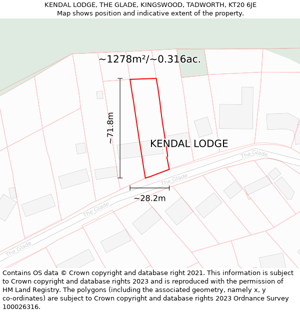 KENDAL LODGE, THE GLADE, KINGSWOOD, TADWORTH, KT20 6JE: Plot and title map