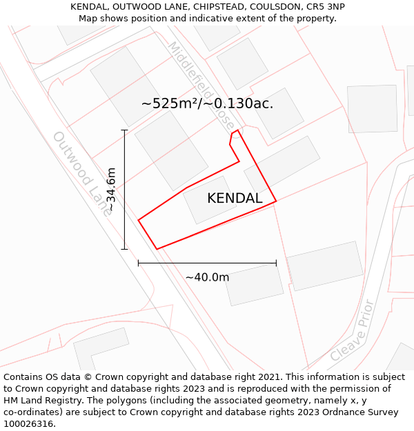 KENDAL, OUTWOOD LANE, CHIPSTEAD, COULSDON, CR5 3NP: Plot and title map