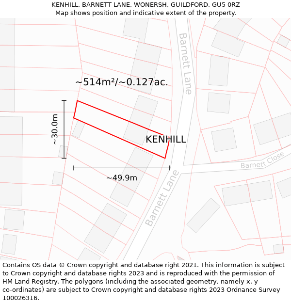 KENHILL, BARNETT LANE, WONERSH, GUILDFORD, GU5 0RZ: Plot and title map