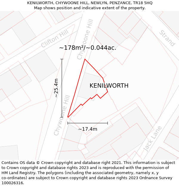 KENILWORTH, CHYWOONE HILL, NEWLYN, PENZANCE, TR18 5HQ: Plot and title map