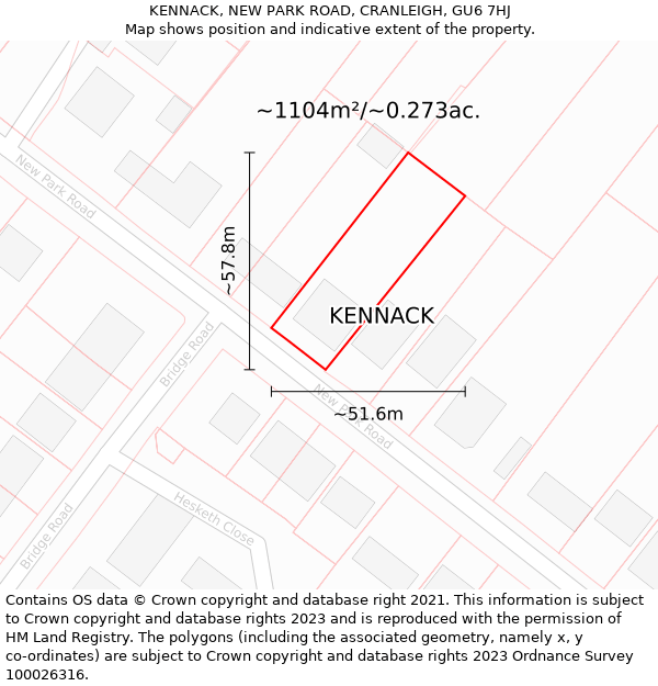 KENNACK, NEW PARK ROAD, CRANLEIGH, GU6 7HJ: Plot and title map