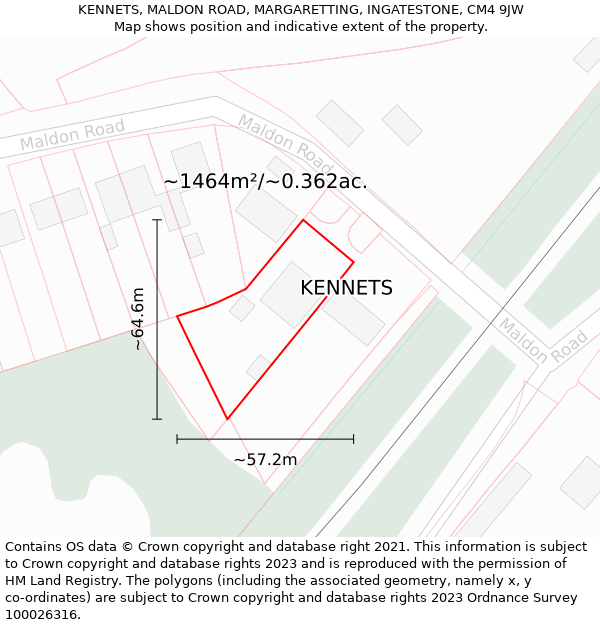 KENNETS, MALDON ROAD, MARGARETTING, INGATESTONE, CM4 9JW: Plot and title map