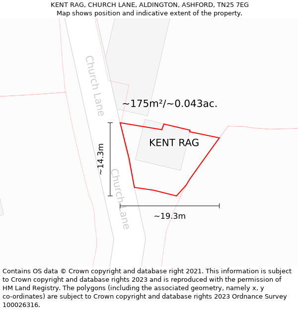 KENT RAG, CHURCH LANE, ALDINGTON, ASHFORD, TN25 7EG: Plot and title map