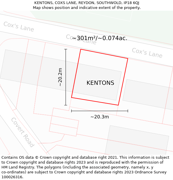 KENTONS, COXS LANE, REYDON, SOUTHWOLD, IP18 6QJ: Plot and title map