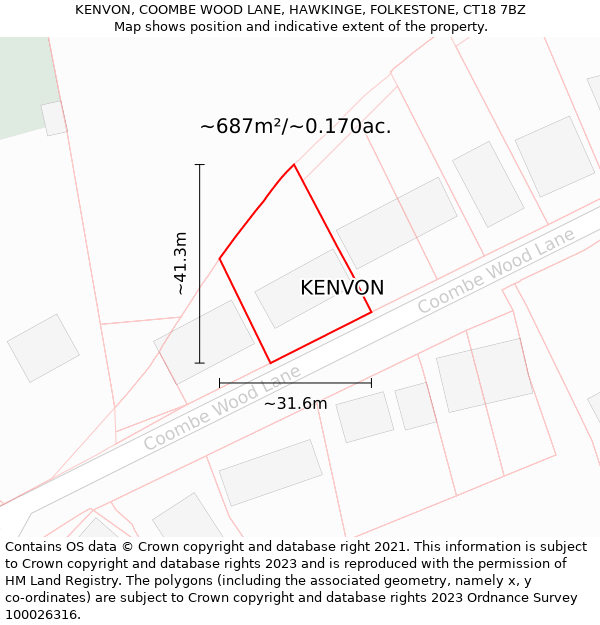 KENVON, COOMBE WOOD LANE, HAWKINGE, FOLKESTONE, CT18 7BZ: Plot and title map