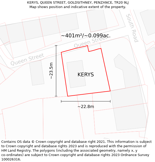 KERYS, QUEEN STREET, GOLDSITHNEY, PENZANCE, TR20 9LJ: Plot and title map