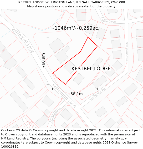 KESTREL LODGE, WILLINGTON LANE, KELSALL, TARPORLEY, CW6 0PR: Plot and title map