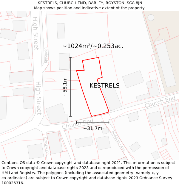 KESTRELS, CHURCH END, BARLEY, ROYSTON, SG8 8JN: Plot and title map