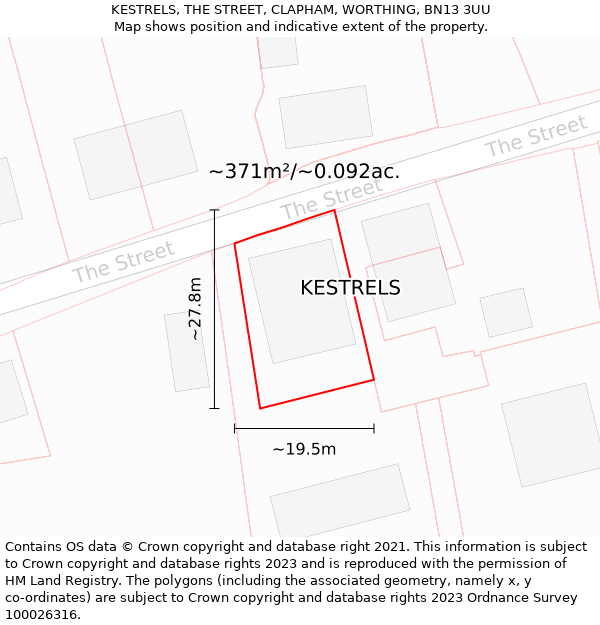 KESTRELS, THE STREET, CLAPHAM, WORTHING, BN13 3UU: Plot and title map