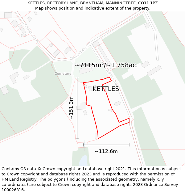 KETTLES, RECTORY LANE, BRANTHAM, MANNINGTREE, CO11 1PZ: Plot and title map