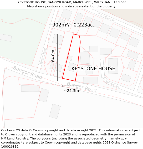 KEYSTONE HOUSE, BANGOR ROAD, MARCHWIEL, WREXHAM, LL13 0SF: Plot and title map