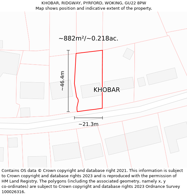 KHOBAR, RIDGWAY, PYRFORD, WOKING, GU22 8PW: Plot and title map