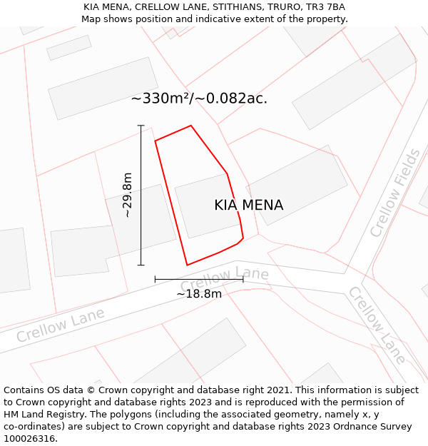 KIA MENA, CRELLOW LANE, STITHIANS, TRURO, TR3 7BA: Plot and title map