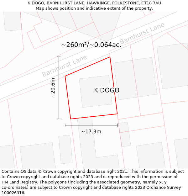 KIDOGO, BARNHURST LANE, HAWKINGE, FOLKESTONE, CT18 7AU: Plot and title map