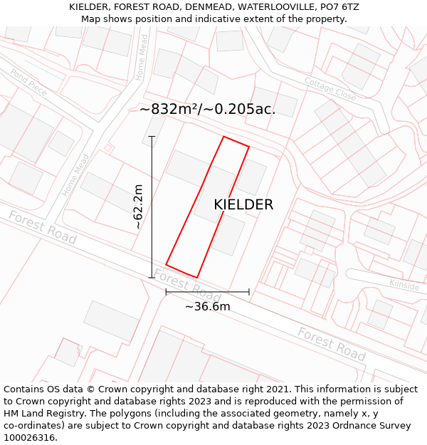 KIELDER, FOREST ROAD, DENMEAD, WATERLOOVILLE, PO7 6TZ: Plot and title map