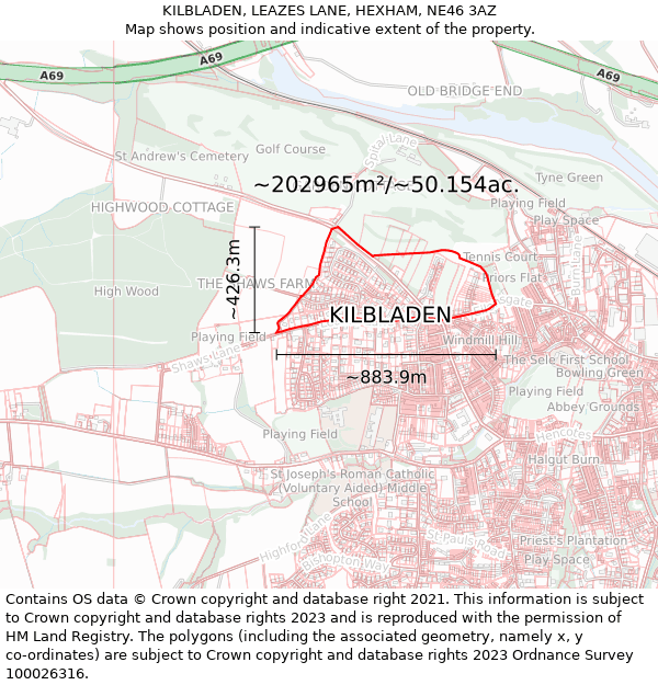 KILBLADEN, LEAZES LANE, HEXHAM, NE46 3AZ: Plot and title map