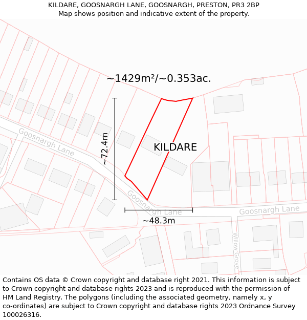 KILDARE, GOOSNARGH LANE, GOOSNARGH, PRESTON, PR3 2BP: Plot and title map