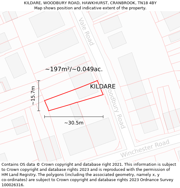 KILDARE, WOODBURY ROAD, HAWKHURST, CRANBROOK, TN18 4BY: Plot and title map