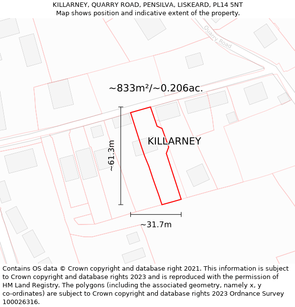 KILLARNEY, QUARRY ROAD, PENSILVA, LISKEARD, PL14 5NT: Plot and title map