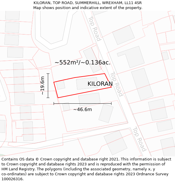 KILORAN, TOP ROAD, SUMMERHILL, WREXHAM, LL11 4SR: Plot and title map