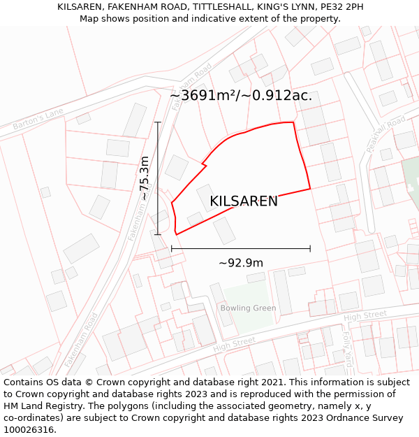 KILSAREN, FAKENHAM ROAD, TITTLESHALL, KING'S LYNN, PE32 2PH: Plot and title map