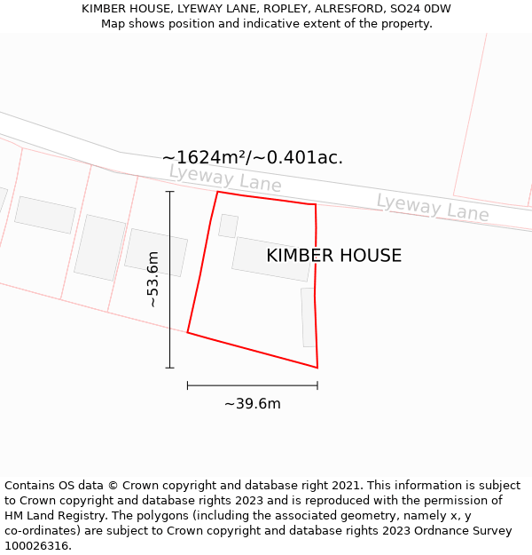 KIMBER HOUSE, LYEWAY LANE, ROPLEY, ALRESFORD, SO24 0DW: Plot and title map