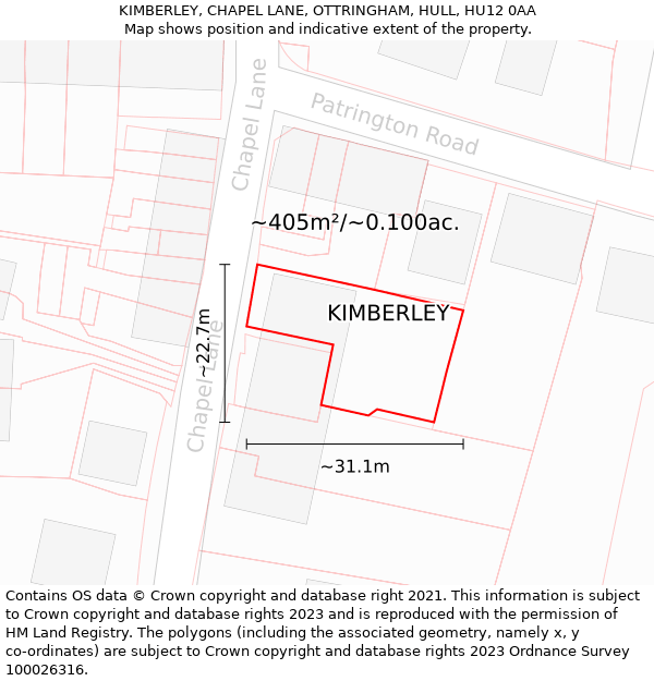 KIMBERLEY, CHAPEL LANE, OTTRINGHAM, HULL, HU12 0AA: Plot and title map