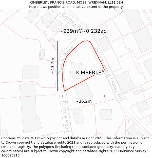 KIMBERLEY, FRANCIS ROAD, MOSS, WREXHAM, LL11 6EH: Plot and title map