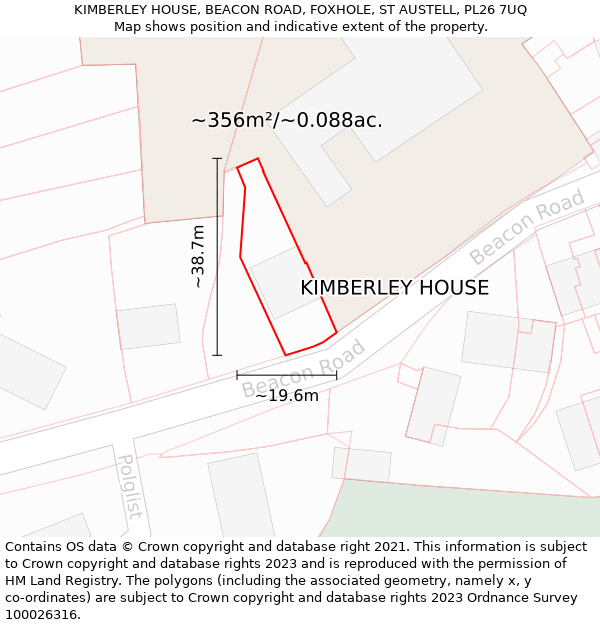 KIMBERLEY HOUSE, BEACON ROAD, FOXHOLE, ST AUSTELL, PL26 7UQ: Plot and title map