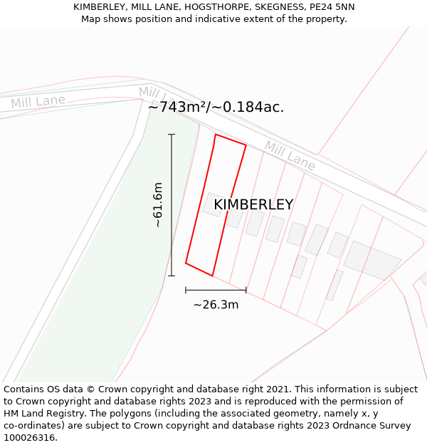 KIMBERLEY, MILL LANE, HOGSTHORPE, SKEGNESS, PE24 5NN: Plot and title map