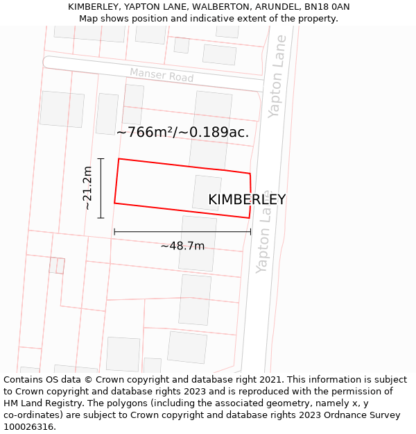 KIMBERLEY, YAPTON LANE, WALBERTON, ARUNDEL, BN18 0AN: Plot and title map