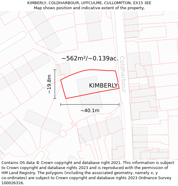 KIMBERLY, COLDHARBOUR, UFFCULME, CULLOMPTON, EX15 3EE: Plot and title map