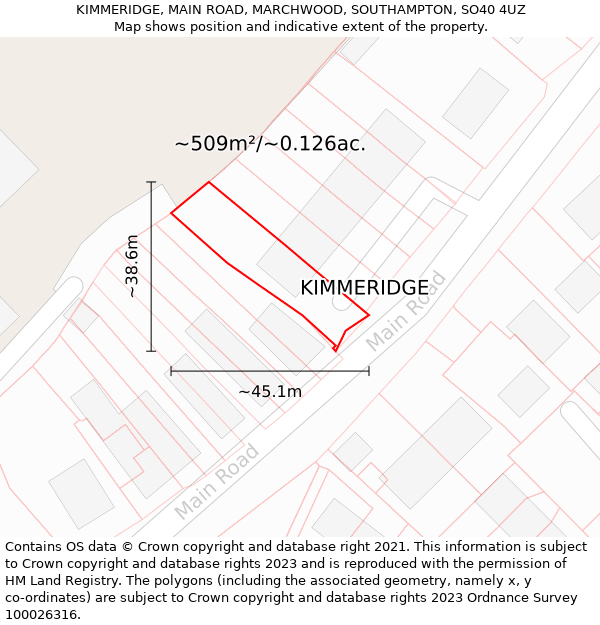 KIMMERIDGE, MAIN ROAD, MARCHWOOD, SOUTHAMPTON, SO40 4UZ: Plot and title map