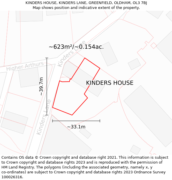 KINDERS HOUSE, KINDERS LANE, GREENFIELD, OLDHAM, OL3 7BJ: Plot and title map