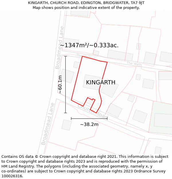 KINGARTH, CHURCH ROAD, EDINGTON, BRIDGWATER, TA7 9JT: Plot and title map