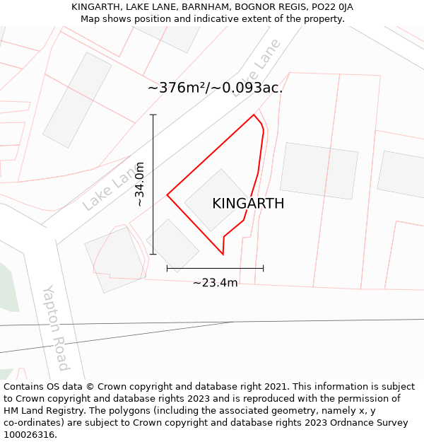 KINGARTH, LAKE LANE, BARNHAM, BOGNOR REGIS, PO22 0JA: Plot and title map