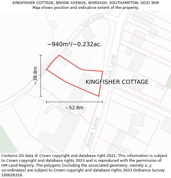 KINGFISHER COTTAGE, BROOK AVENUE, WARSASH, SOUTHAMPTON, SO31 9HR: Plot and title map