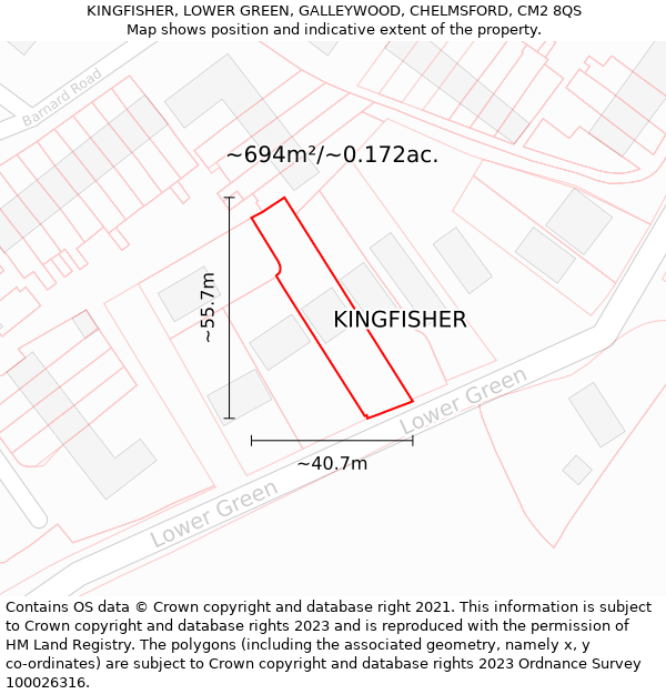 KINGFISHER, LOWER GREEN, GALLEYWOOD, CHELMSFORD, CM2 8QS: Plot and title map