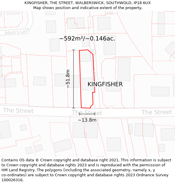 KINGFISHER, THE STREET, WALBERSWICK, SOUTHWOLD, IP18 6UX: Plot and title map