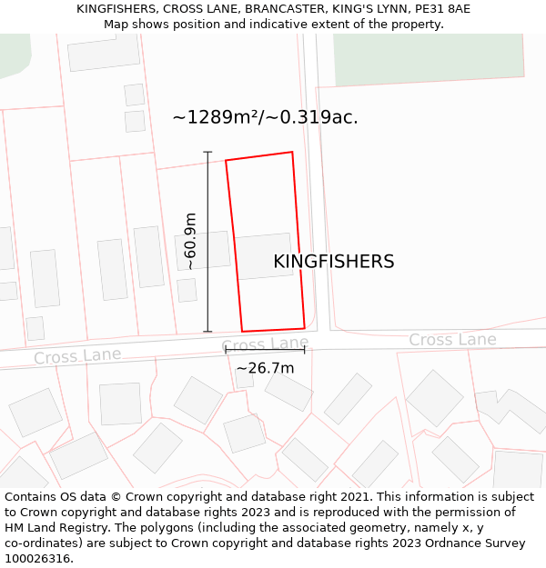 KINGFISHERS, CROSS LANE, BRANCASTER, KING'S LYNN, PE31 8AE: Plot and title map