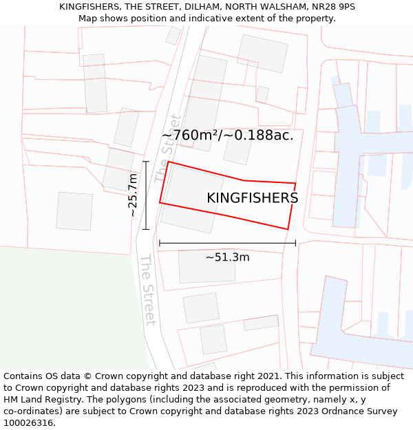 KINGFISHERS, THE STREET, DILHAM, NORTH WALSHAM, NR28 9PS: Plot and title map