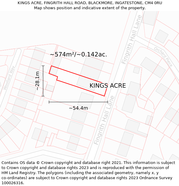 KINGS ACRE, FINGRITH HALL ROAD, BLACKMORE, INGATESTONE, CM4 0RU: Plot and title map